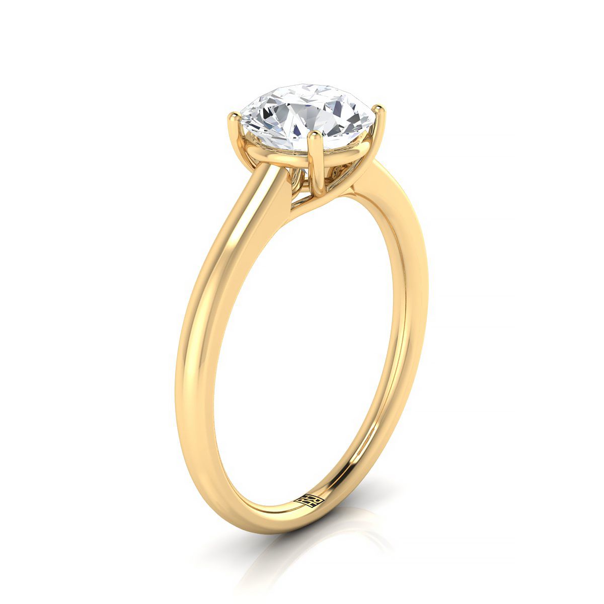 Round Brilliant, Contemporary Comfort Fit Flat Shank Solitaire, in 18K Yellow Gold, prong setting – side profile | RockHer