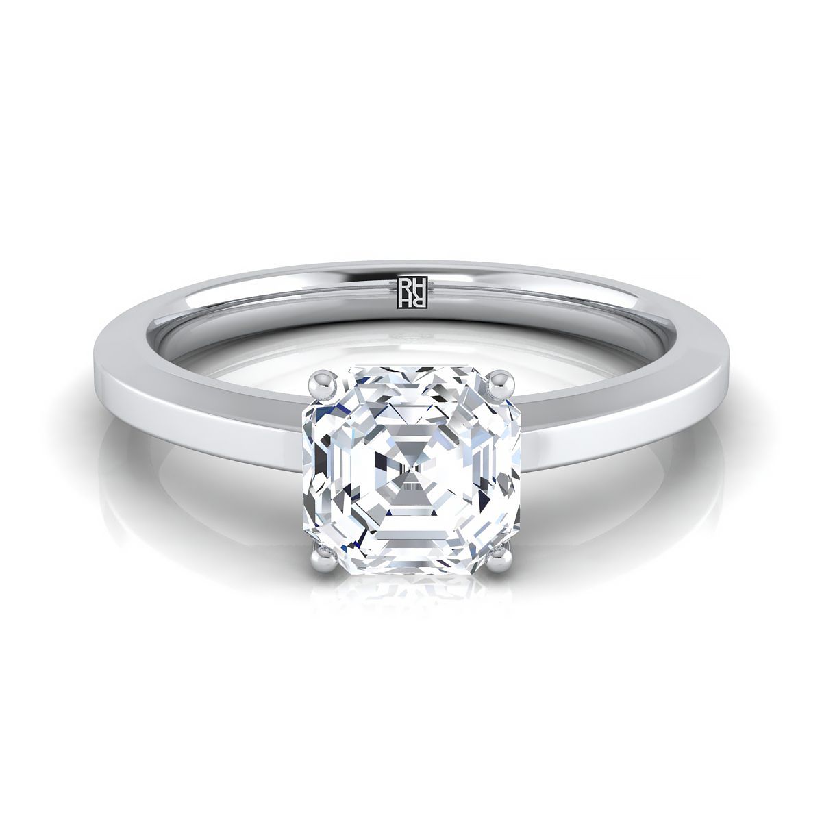 Beveled Edge Comfort Fit Solitaire Asscher, in 18K White Gold, prong setting | RockHer