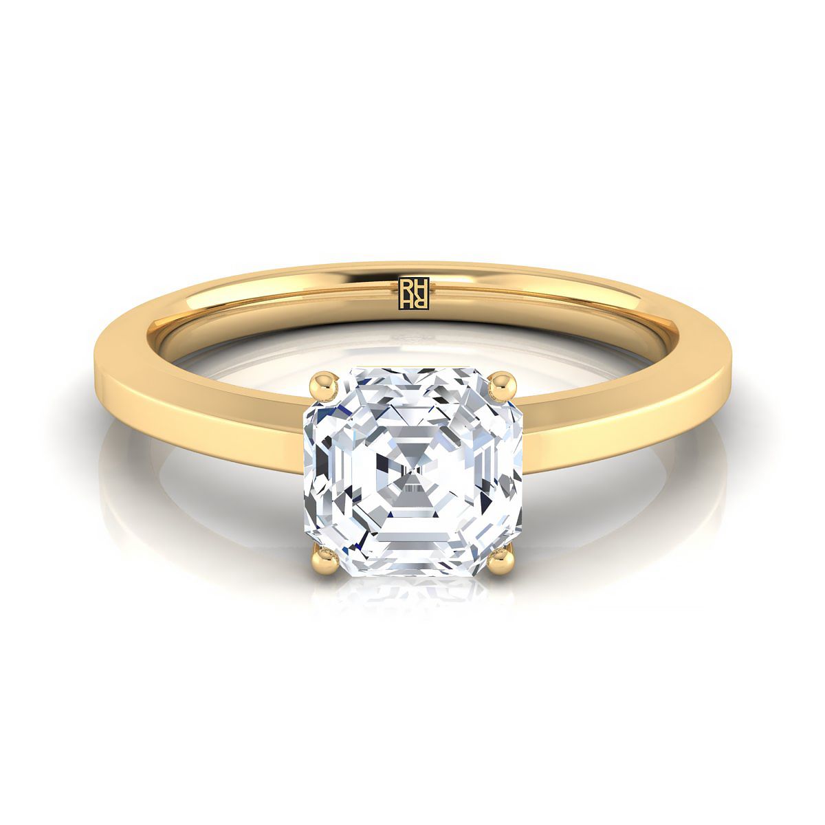 Beveled Edge Comfort Fit Solitaire Asscher, in 18K Yellow Gold, prong setting | RockHer
