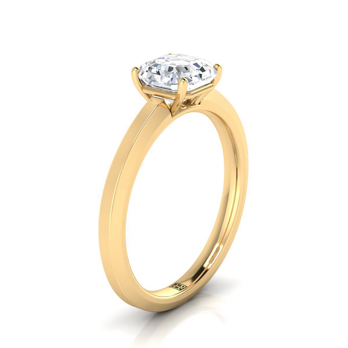 Beveled Edge Comfort Fit Solitaire Asscher, in 18K Yellow Gold, prong setting – side profile | RockHer