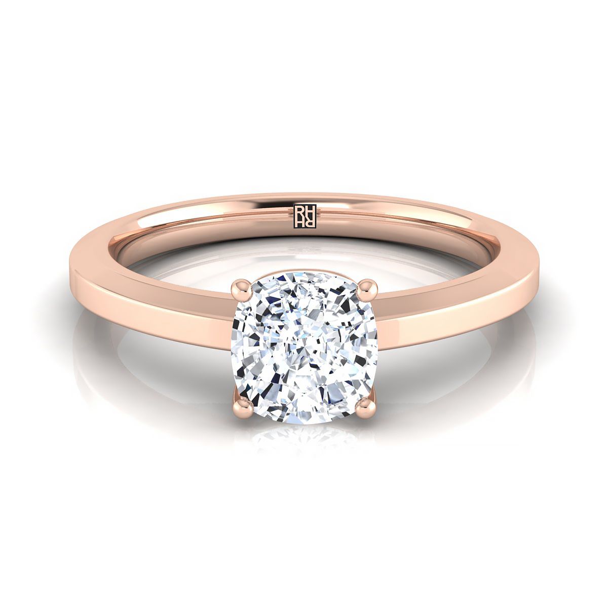 Beveled Edge Comfort Fit Solitaire Cushion, in 14K Rose Gold, prong setting | RockHer