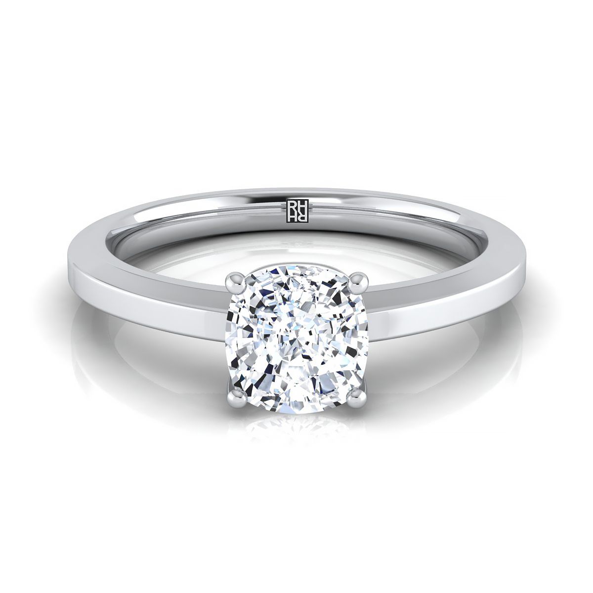 Beveled Edge Comfort Fit Solitaire Cushion, in 18K White Gold, prong setting | RockHer