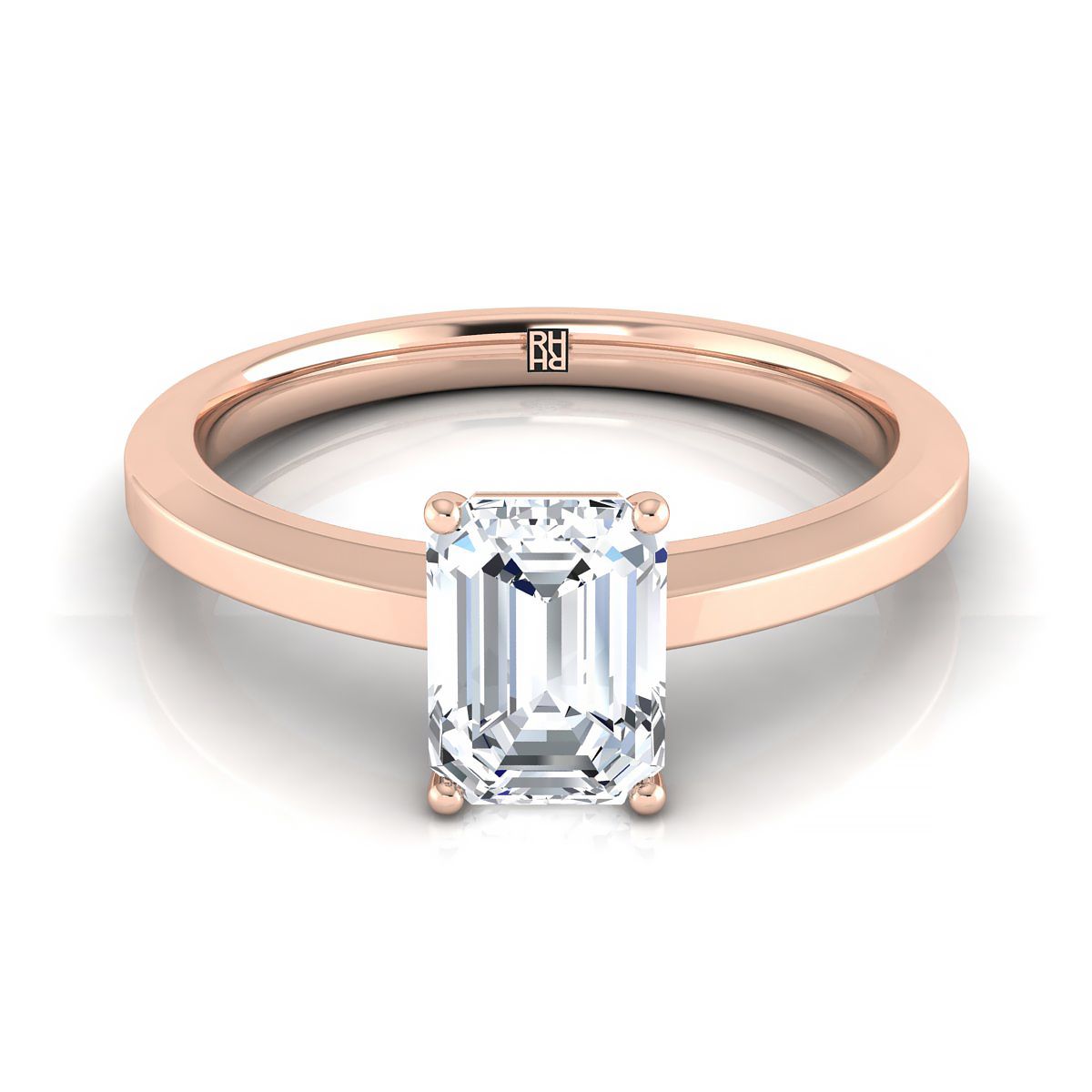 European Cut, Beveled Edge Comfort Fit Solitaire Emerald, in 14K Rose Gold, prong setting | RockHer