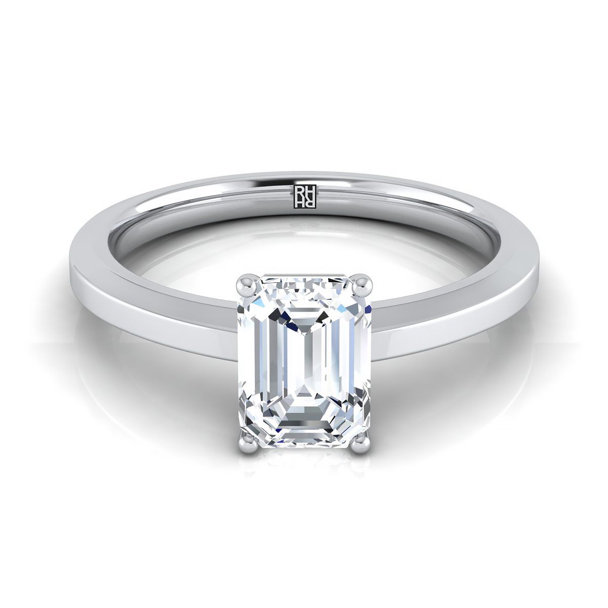 European Cut, Beveled Edge Comfort Fit Solitaire Emerald, in Platinum, prong setting | RockHer