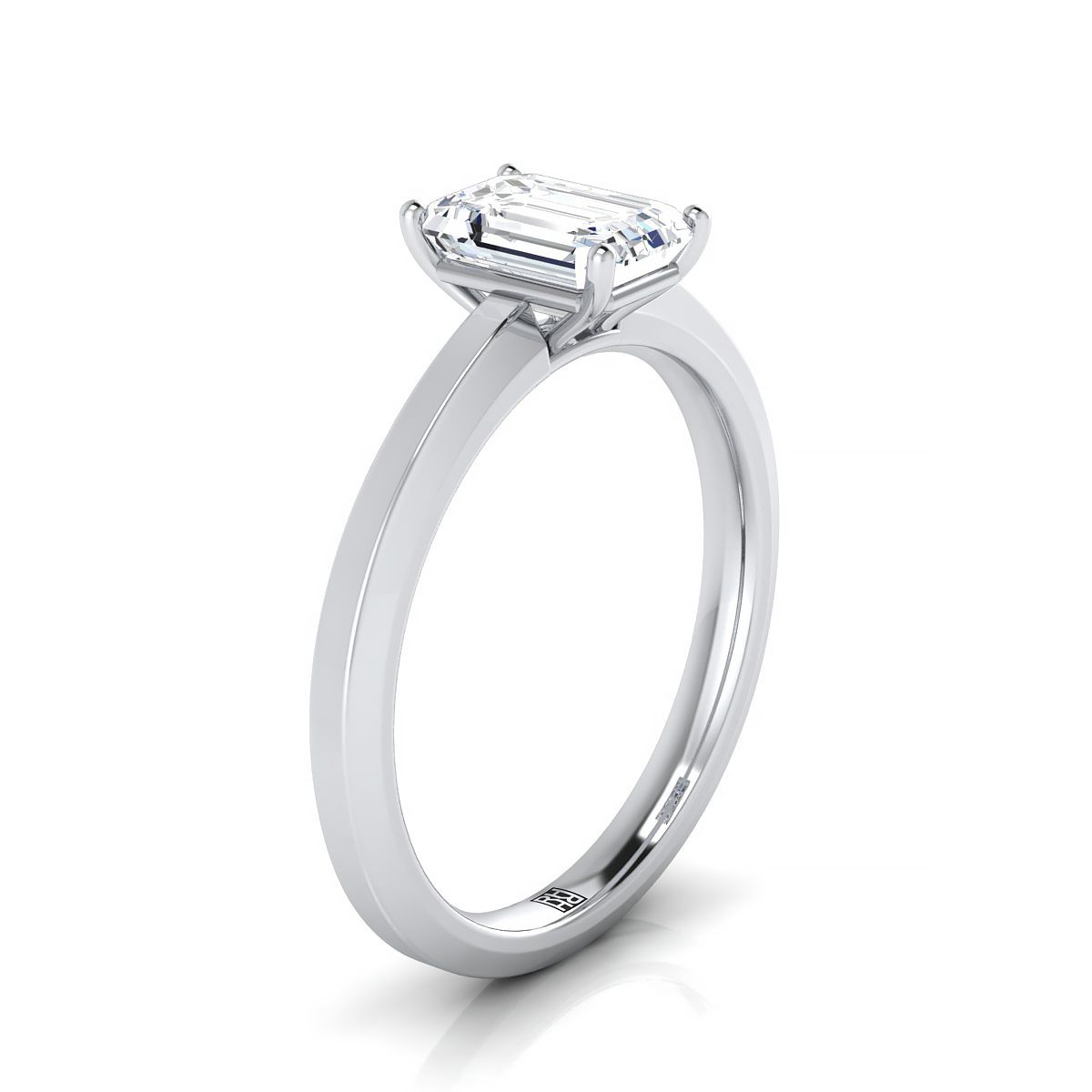 European Cut, Beveled Edge Comfort Fit Solitaire Emerald, in 18K White Gold, prong setting – side profile | RockHer