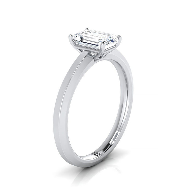 European Cut, Beveled Edge Comfort Fit Solitaire Emerald, in 18K White Gold, prong setting – side profile | RockHer