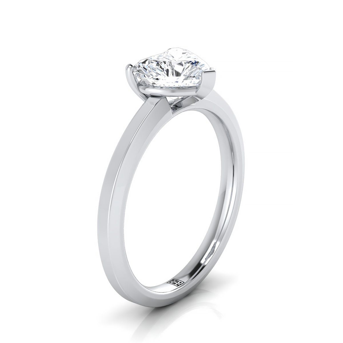 14K White Gold Heart Shape Center  Beveled Edge Comfort Style Bright Finish Solitaire Engagement Ring