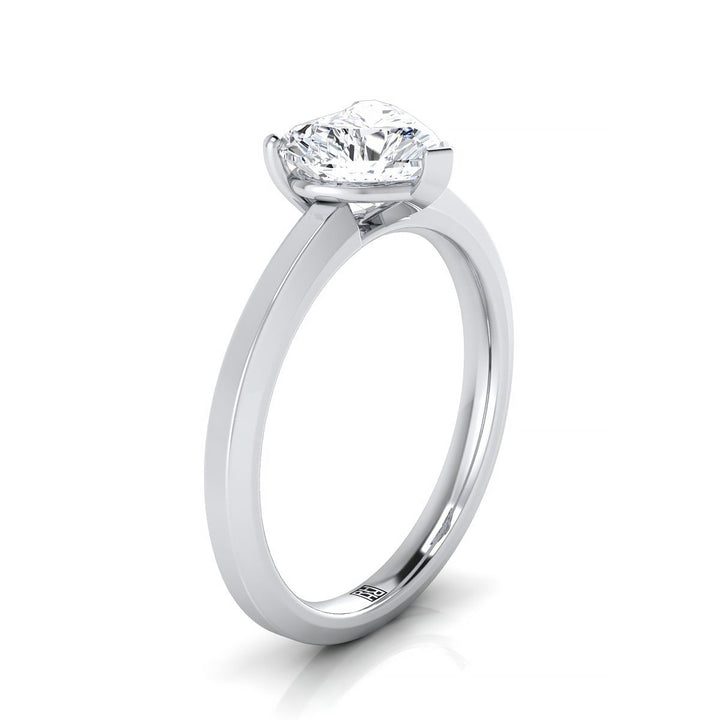 14K White Gold Heart Shape Center  Beveled Edge Comfort Style Bright Finish Solitaire Engagement Ring