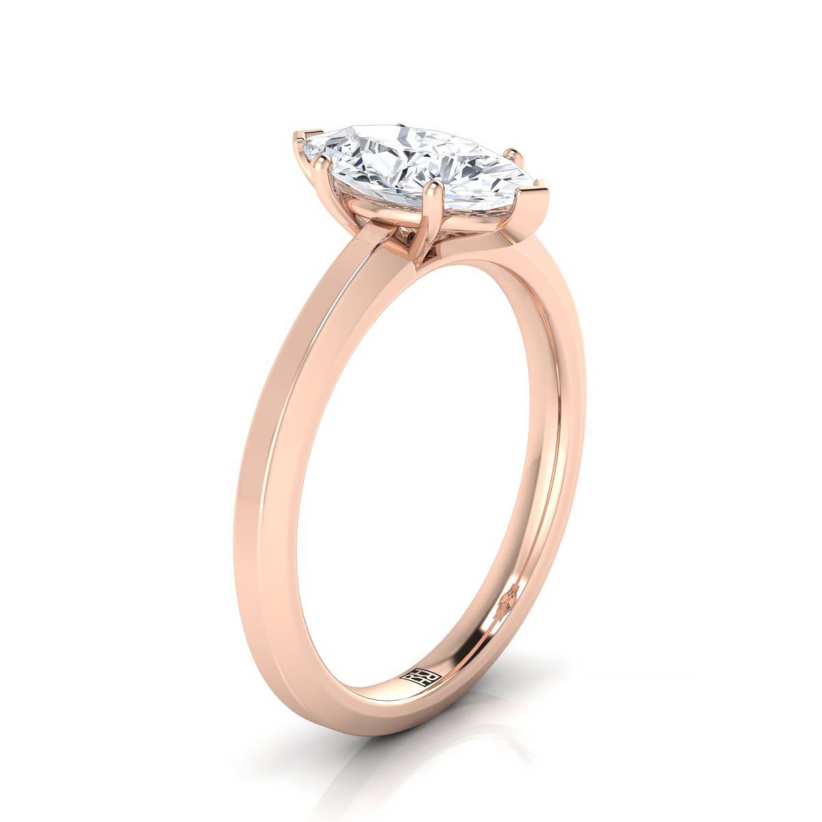 Beveled Edge Comfort Fit Solitaire Marquise, in 14K Rose Gold, prong setting – side profile | RockHer
