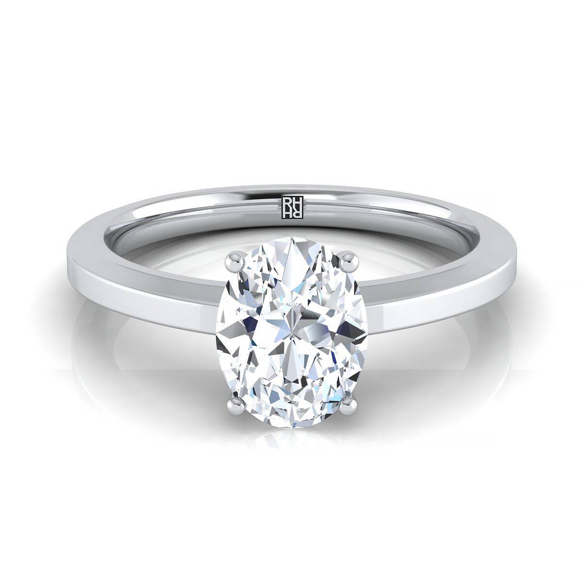 Beveled Edge Comfort Fit Solitaire Oval, in 18K White Gold, prong setting | RockHer