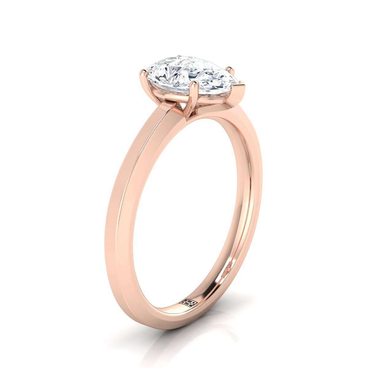 Beveled Edge Comfort Fit Solitaire Pear Shape, in 14K Rose Gold, prong setting – side profile | RockHer