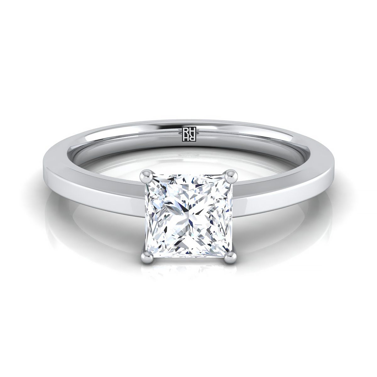 Beveled Edge Comfort Fit Solitaire Princess, in 18K White Gold, prong setting | RockHer