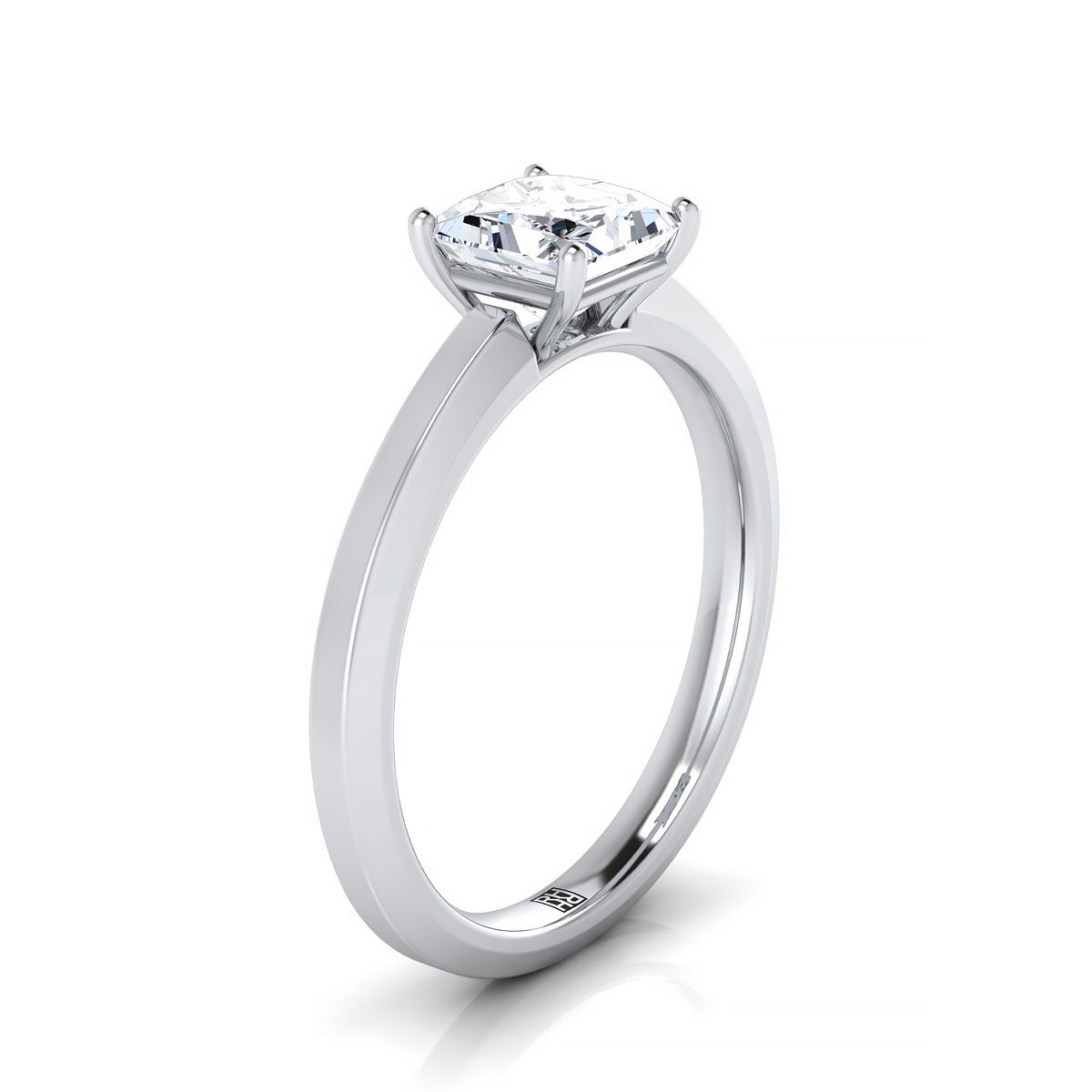 Beveled Edge Comfort Fit Solitaire Princess, in Platinum, prong setting – side profile | RockHer