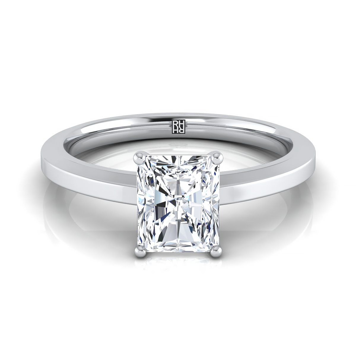 Beveled Edge Comfort Fit Solitaire Radiant, in 18K White Gold, prong setting | RockHer