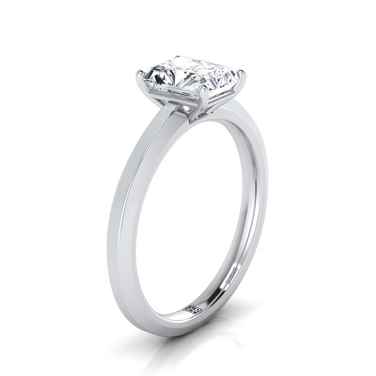 Beveled Edge Comfort Fit Solitaire Radiant, in 18K White Gold, prong setting – side profile | RockHer