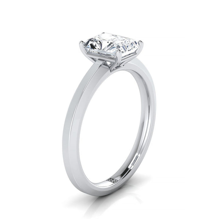 Beveled Edge Comfort Fit Solitaire Radiant, in Platinum, prong setting – side profile | RockHer