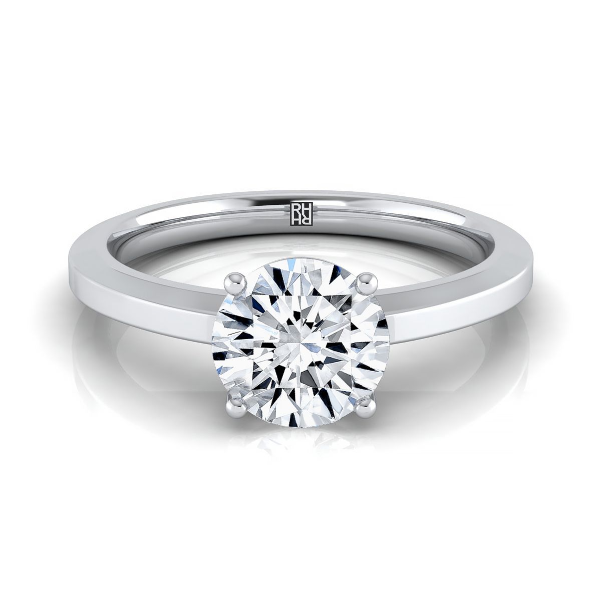 Round Brilliant, Beveled Edge Comfort Fit Solitaire, in Platinum, prong setting | RockHer