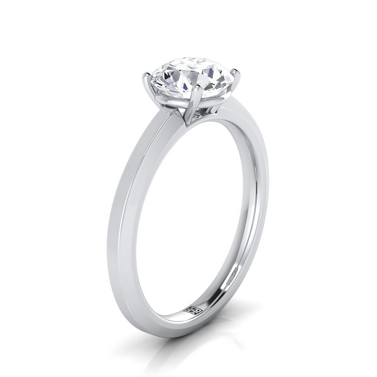 14K White Gold Round Brilliant  Beveled Edge Comfort Style Bright Finish Solitaire Engagement Ring
