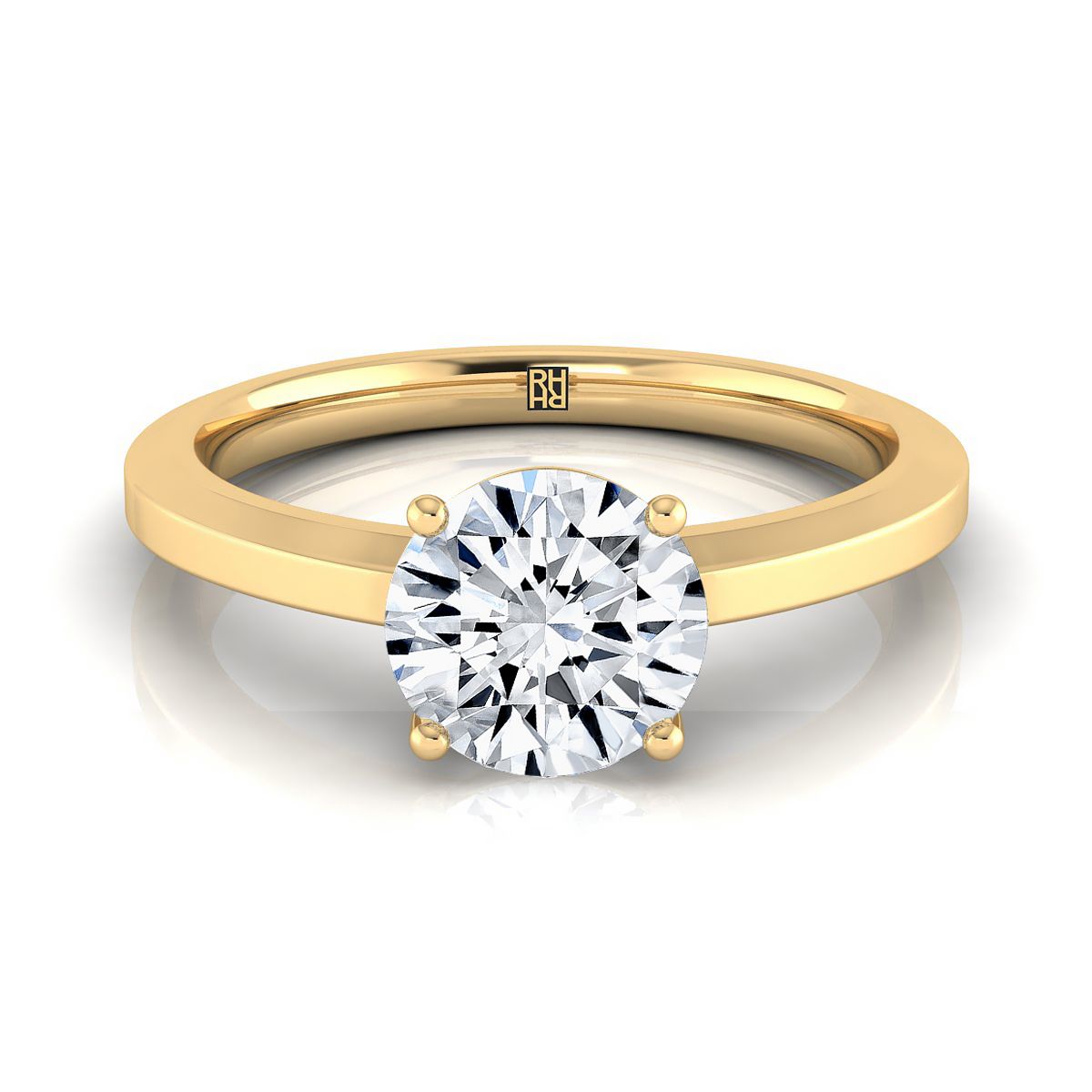 Round Brilliant, Beveled Edge Comfort Fit Solitaire, in 18K Yellow Gold, prong setting | RockHer