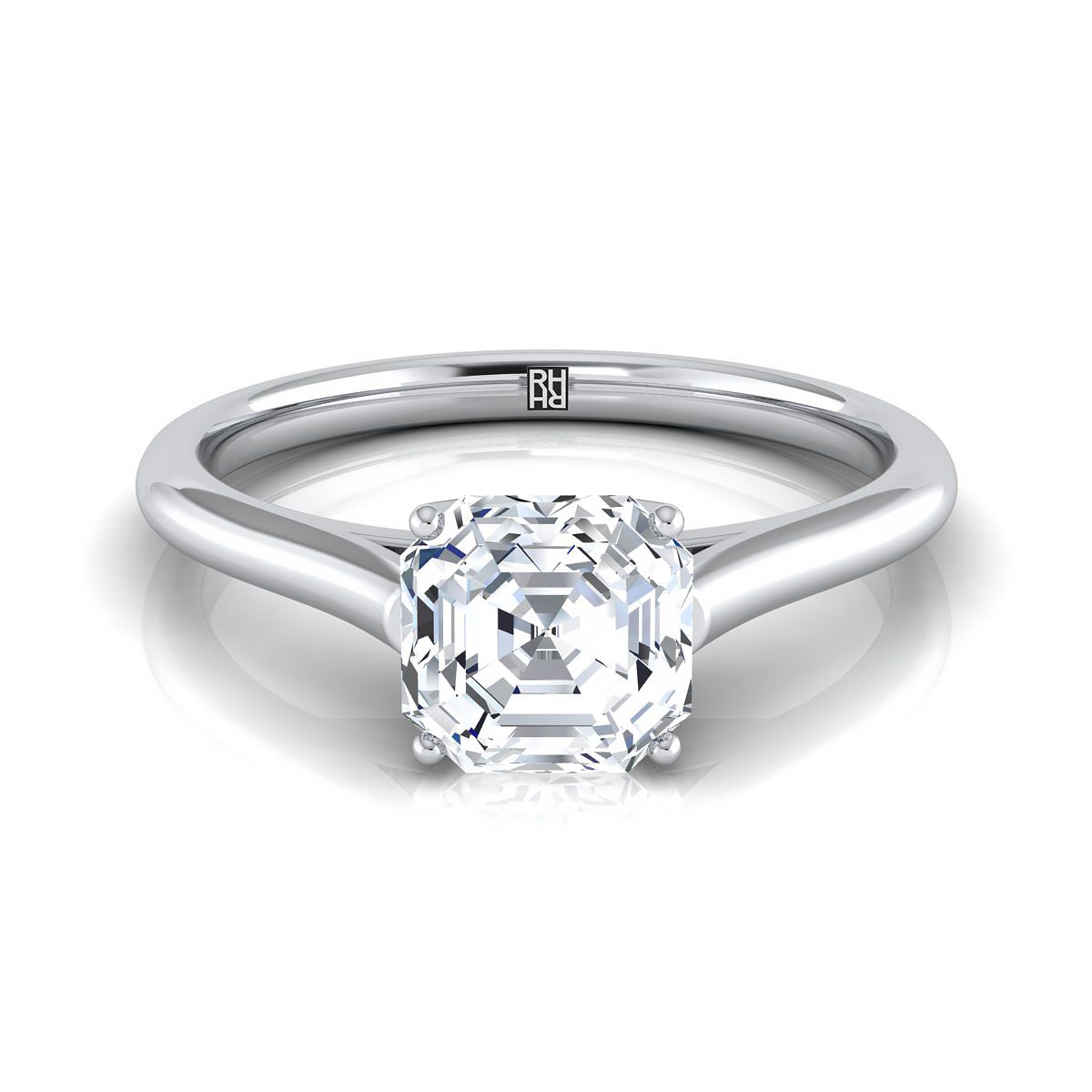 Cathedral Comfort Fit Solitaire Asscher, in 18K White Gold, prong setting | RockHer