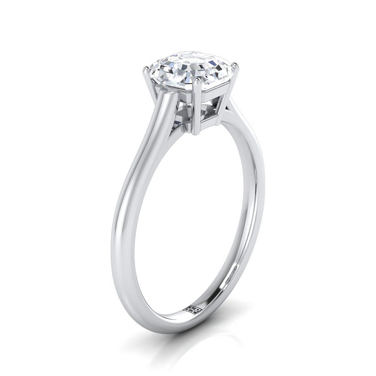 Cathedral Comfort Fit Solitaire Asscher, in 18K White Gold, prong setting – side profile | RockHer