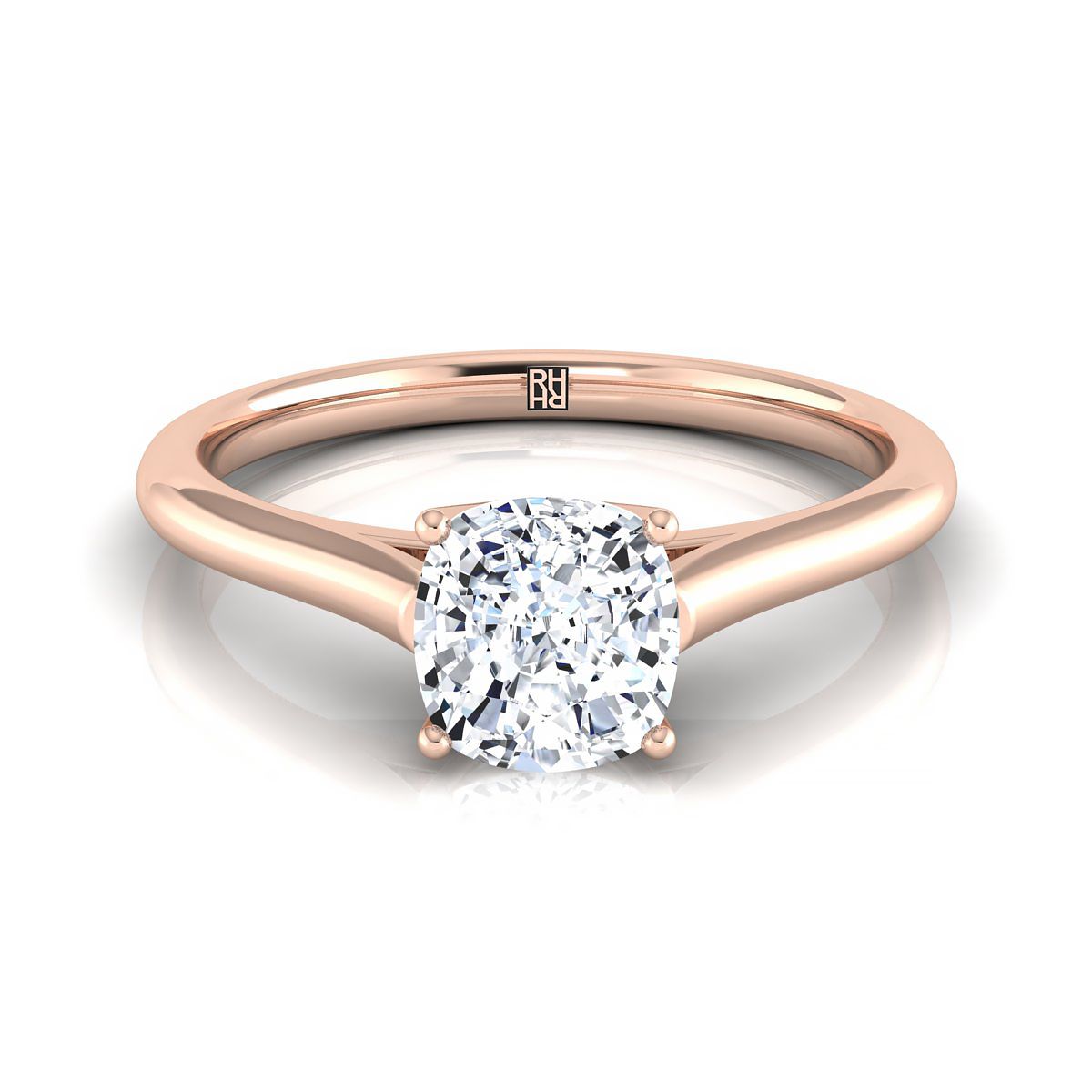 Cathedral Comfort Fit Solitaire Cushion, in 14K Rose Gold, prong setting | RockHer