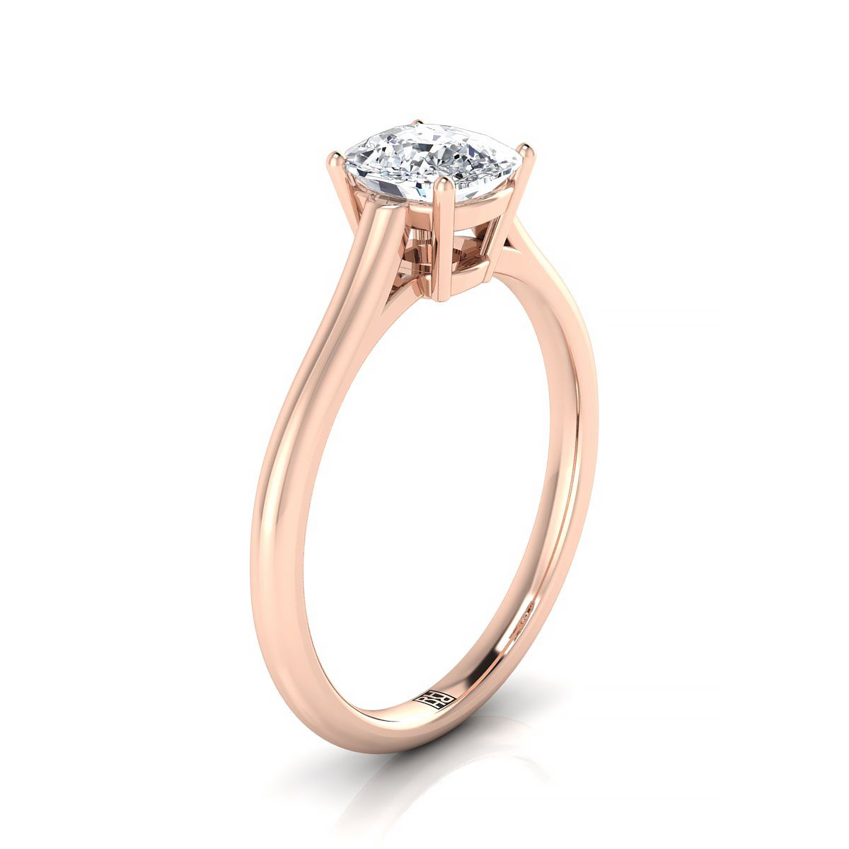 Cathedral Comfort Fit Solitaire Cushion, in 14K Rose Gold, prong setting – side profile | RockHer