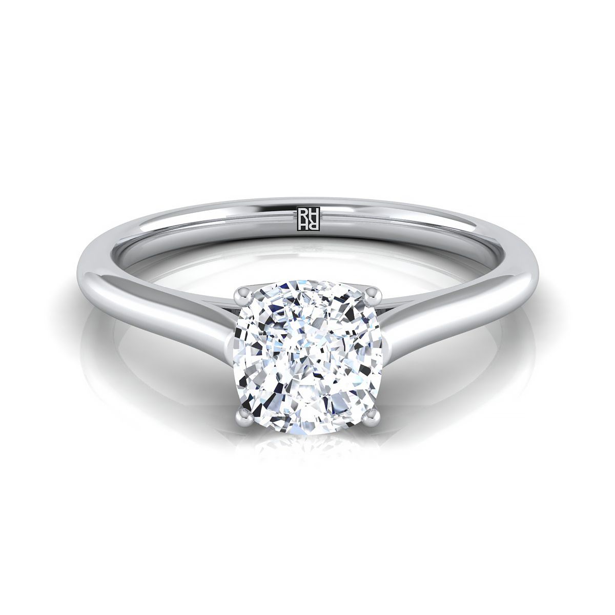 Cathedral Comfort Fit Solitaire Cushion, in 18K White Gold, prong setting | RockHer
