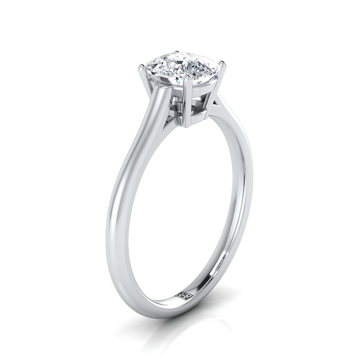 Cathedral Comfort Fit Solitaire Cushion, in 18K White Gold, prong setting – side profile | RockHer