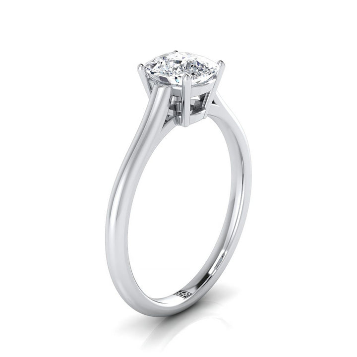 Cathedral Comfort Fit Solitaire Cushion, in 18K White Gold, prong setting – side profile | RockHer