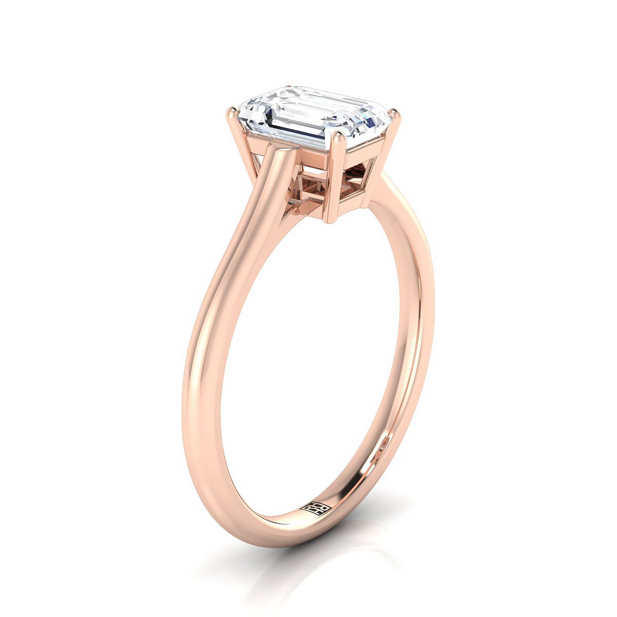 European Cut, Cathedral Comfort Fit Solitaire Emerald, in 14K Rose Gold, prong setting – side profile | RockHer