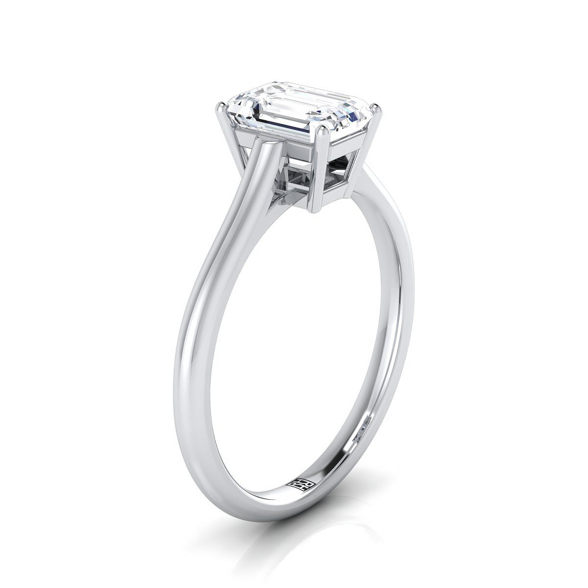 European Cut, Cathedral Comfort Fit Solitaire Emerald, in 18K White Gold, prong setting – side profile | RockHer