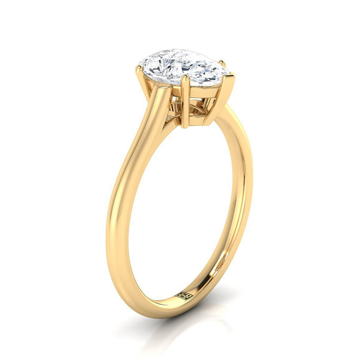 18K Yellow Gold Pear Shape Center  Cathedral Style Comfort Fit Solitaire Engagement Ring