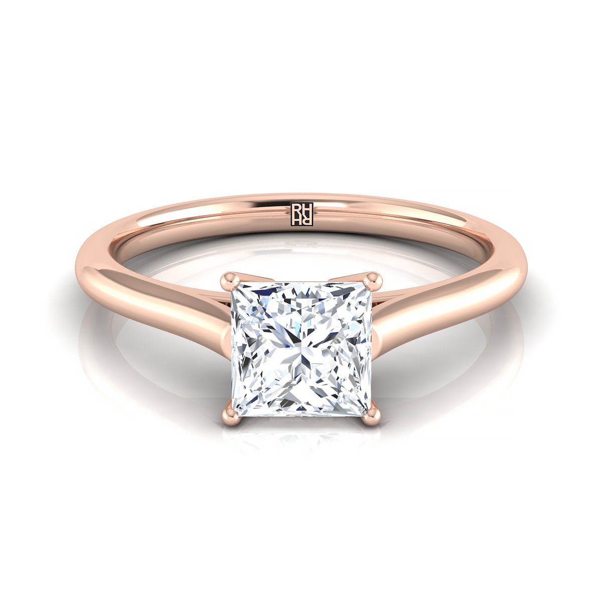 Cathedral Comfort Fit Solitaire Princess, in 14K Rose Gold, prong setting | RockHer