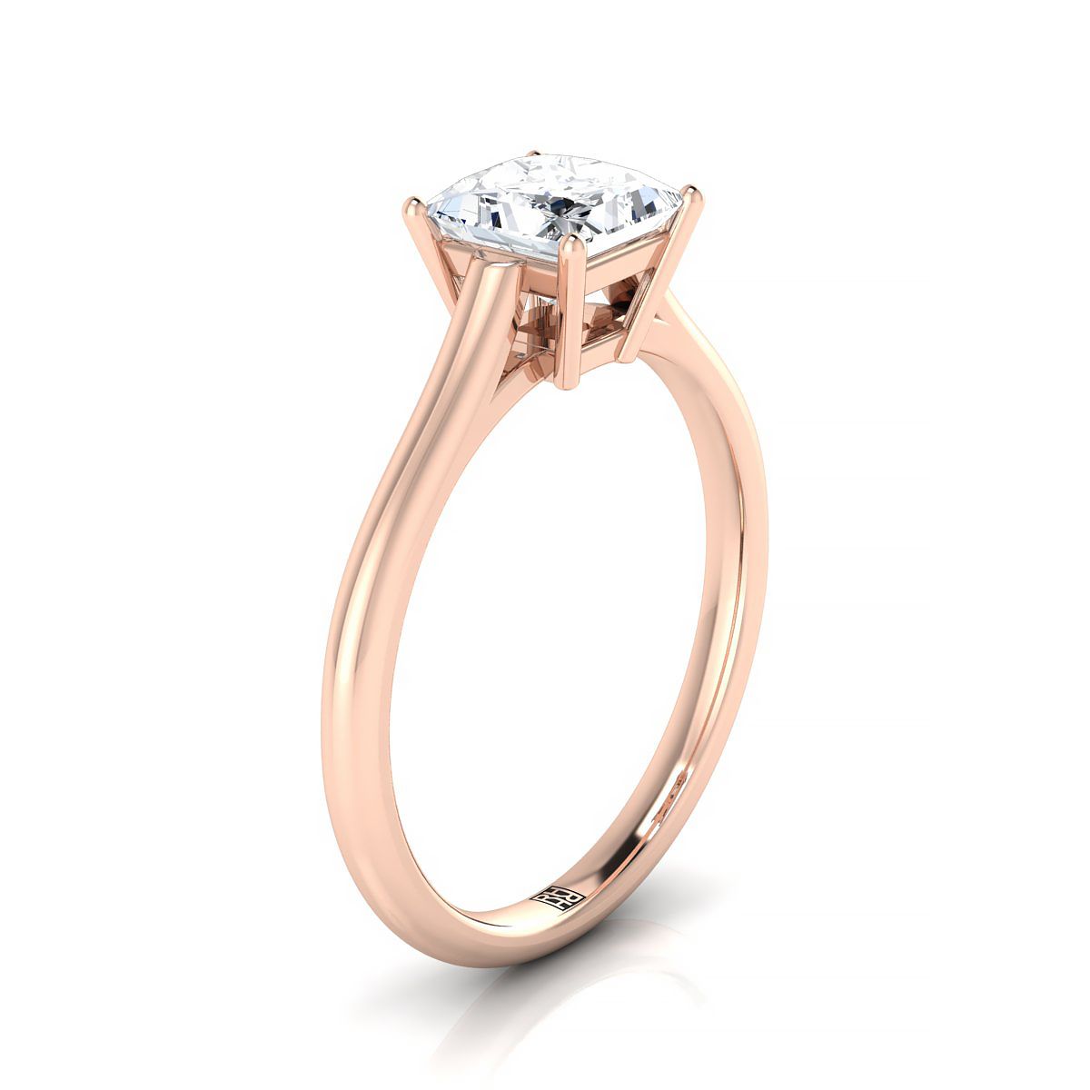 Cathedral Comfort Fit Solitaire Princess, in 14K Rose Gold, prong setting – side profile | RockHer