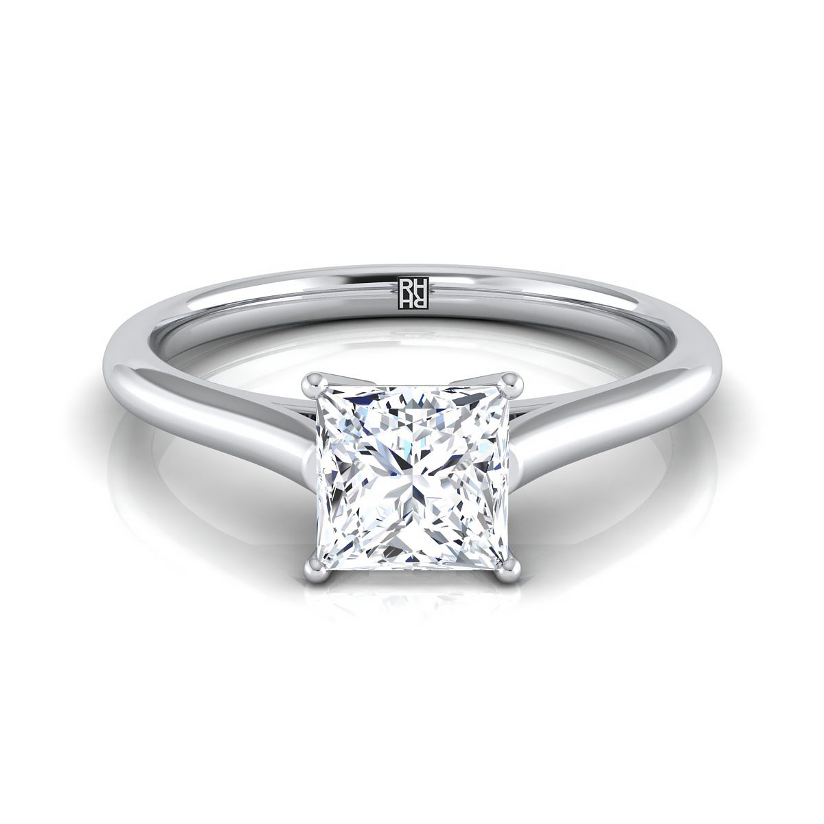Cathedral Comfort Fit Solitaire Princess, in 18K White Gold, prong setting | RockHer