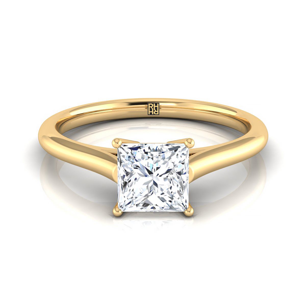 Cathedral Comfort Fit Solitaire Princess, in 18K Yellow Gold, prong setting | RockHer