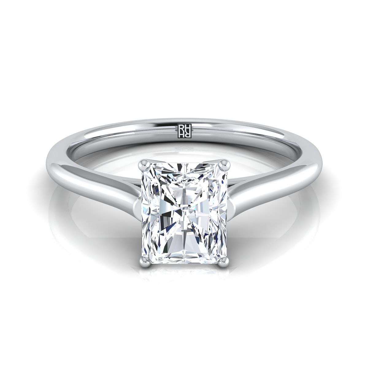 Cathedral Comfort Fit Solitaire Radiant, in 18K White Gold, prong setting | RockHer