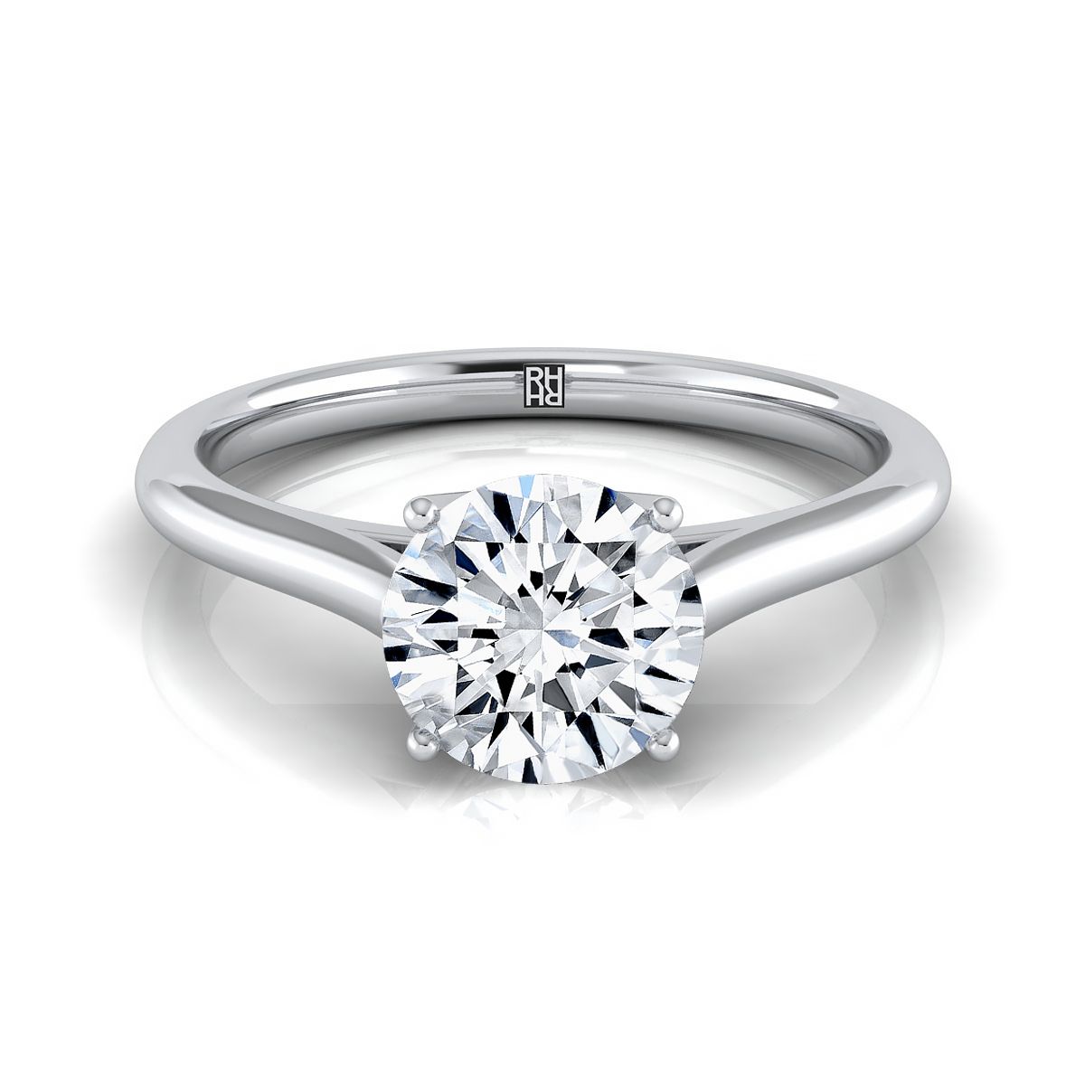 Round Brilliant, Cathedral Comfort Fit Solitaire, in 18K White Gold, prong setting | RockHer