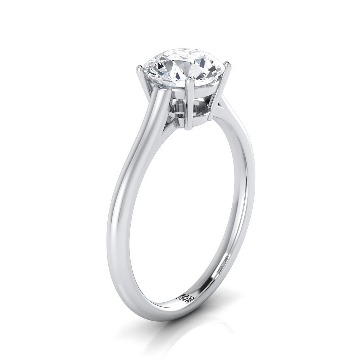Round Brilliant, Cathedral Comfort Fit Solitaire, in 18K White Gold, prong setting – side profile | RockHer