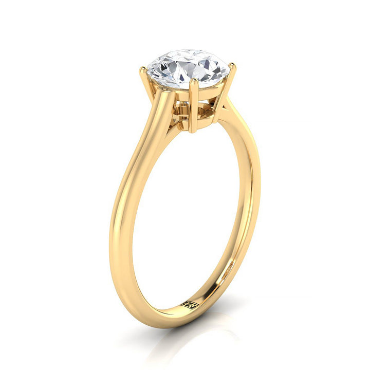 Round Brilliant, Cathedral Comfort Fit Solitaire, in 18K Yellow Gold, prong setting – side profile | RockHer