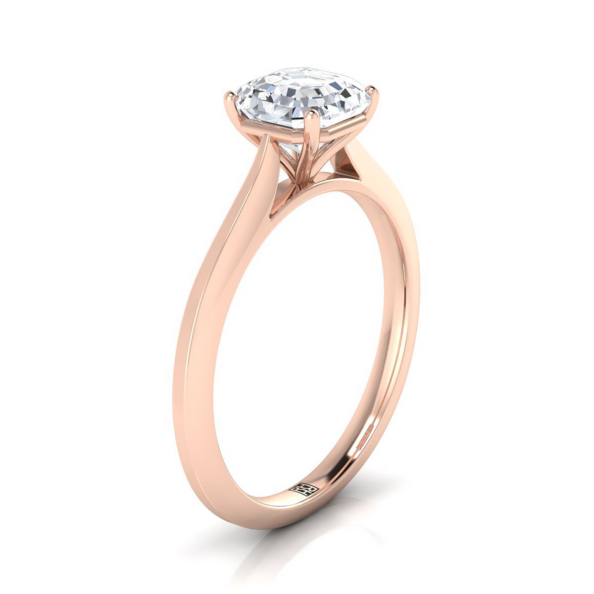 Timeless Graduated Beveled Shank Solitaire Asscher, in 14K Rose Gold, prong setting – side profile | RockHer