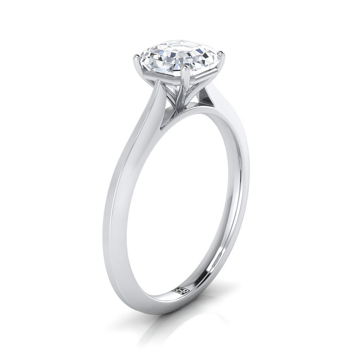 Timeless Graduated Beveled Shank Solitaire Asscher, in 18K White Gold, prong setting – side profile | RockHer