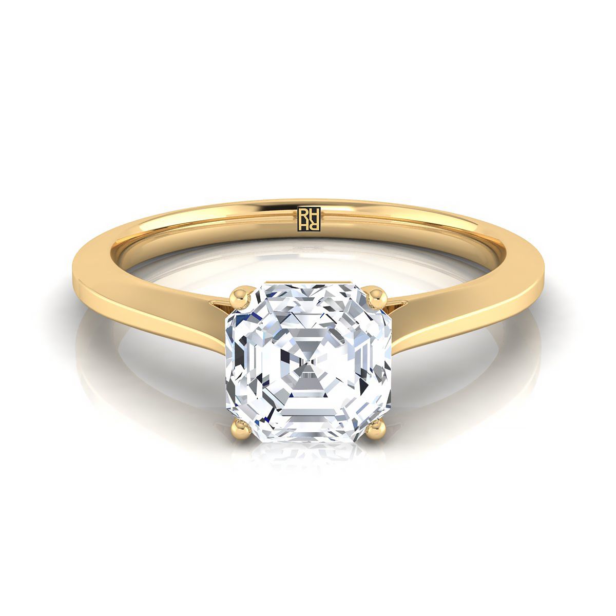 Timeless Graduated Beveled Shank Solitaire Asscher, in 18K Yellow Gold, prong setting | RockHer