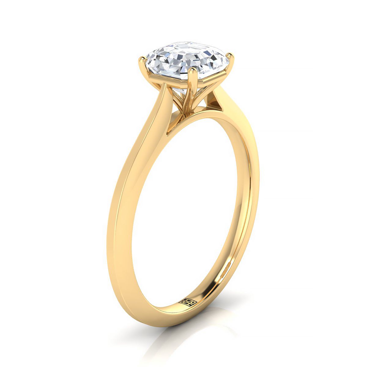 Timeless Graduated Beveled Shank Solitaire Asscher, in 18K Yellow Gold, prong setting – side profile | RockHer