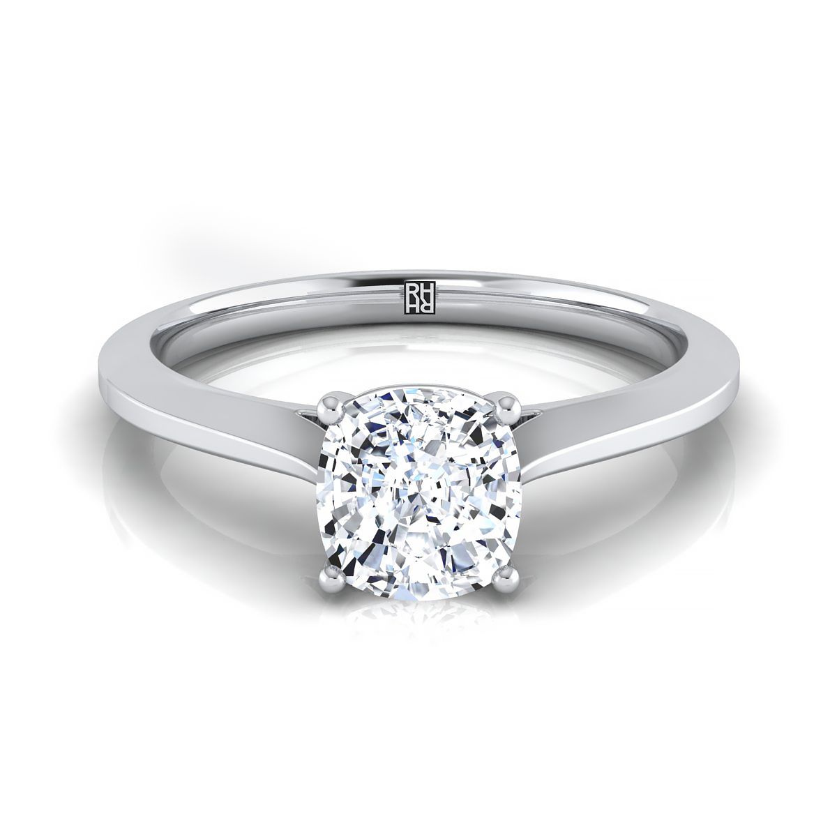 Timeless Graduated Beveled Shank Solitaire Cushion, in Platinum, prong setting | RockHer