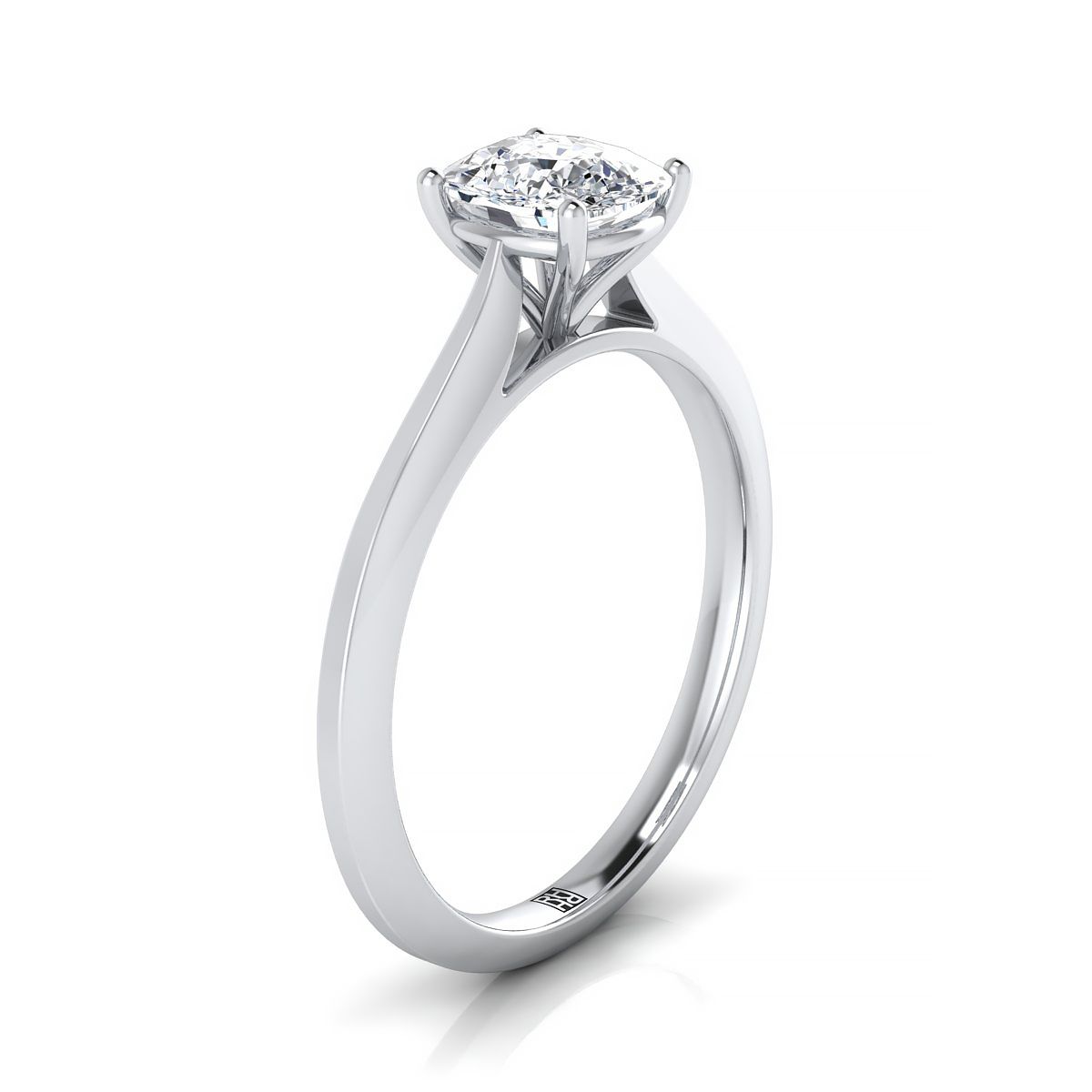 Timeless Graduated Beveled Shank Solitaire Cushion, in Platinum, prong setting – side profile | RockHer