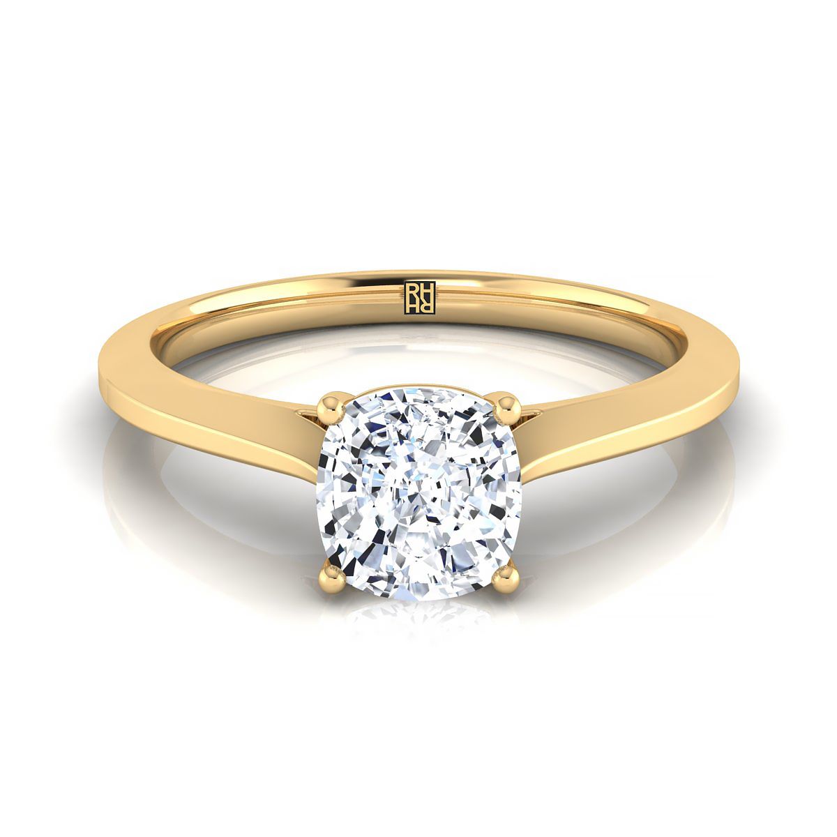 Timeless Graduated Beveled Shank Solitaire Cushion, in 18K Yellow Gold, prong setting | RockHer