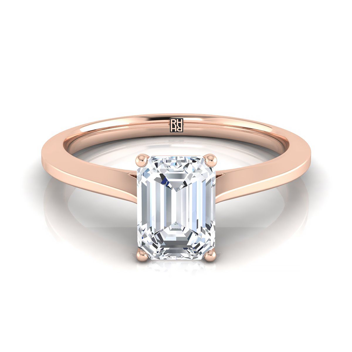 European Cut, Timeless Graduated Beveled Shank Solitaire Emerald, in 14K Rose Gold, prong setting | RockHer