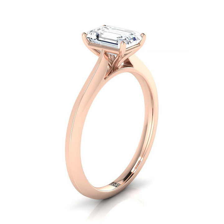 European Cut, Timeless Graduated Beveled Shank Solitaire Emerald, in 14K Rose Gold, prong setting – side profile | RockHer